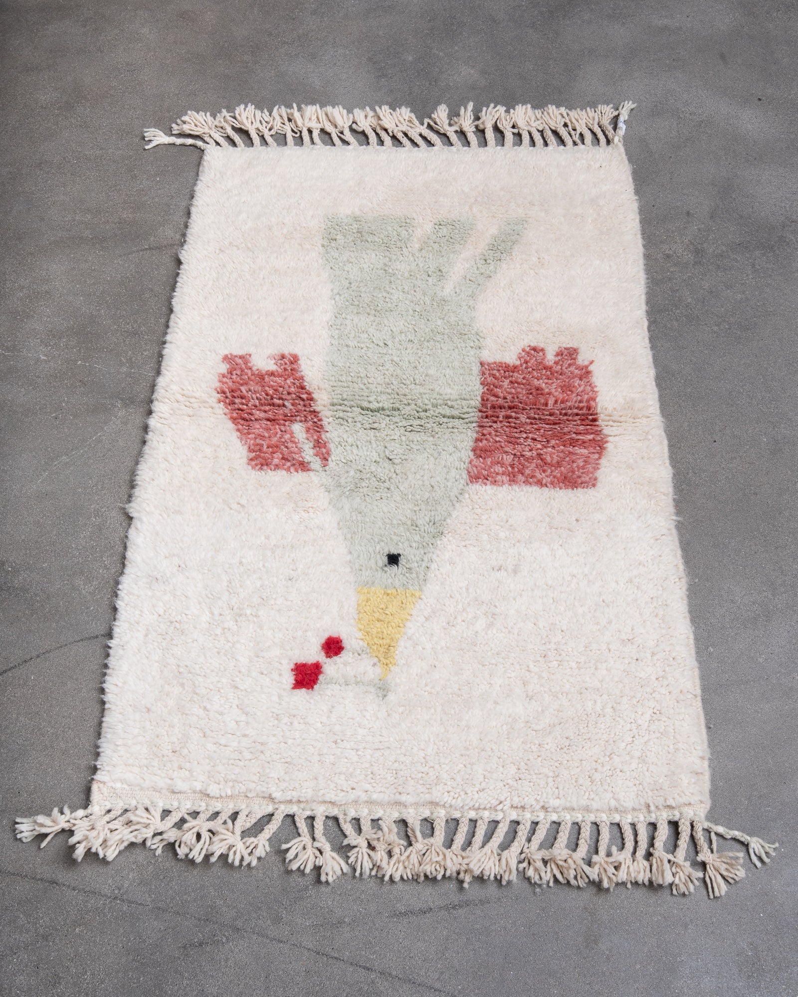 Modern, designer, handcrafted Berber rug from Morocco. Beniourain carpet with beautiful colours and patterns and fluffy wool texture.